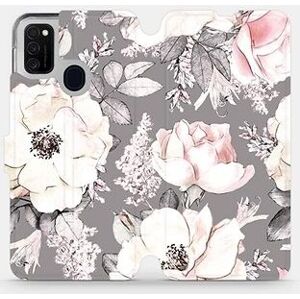 Flipové pouzdro na mobil Samsung Galaxy M21 - MX06S Květy na šedém pozadí